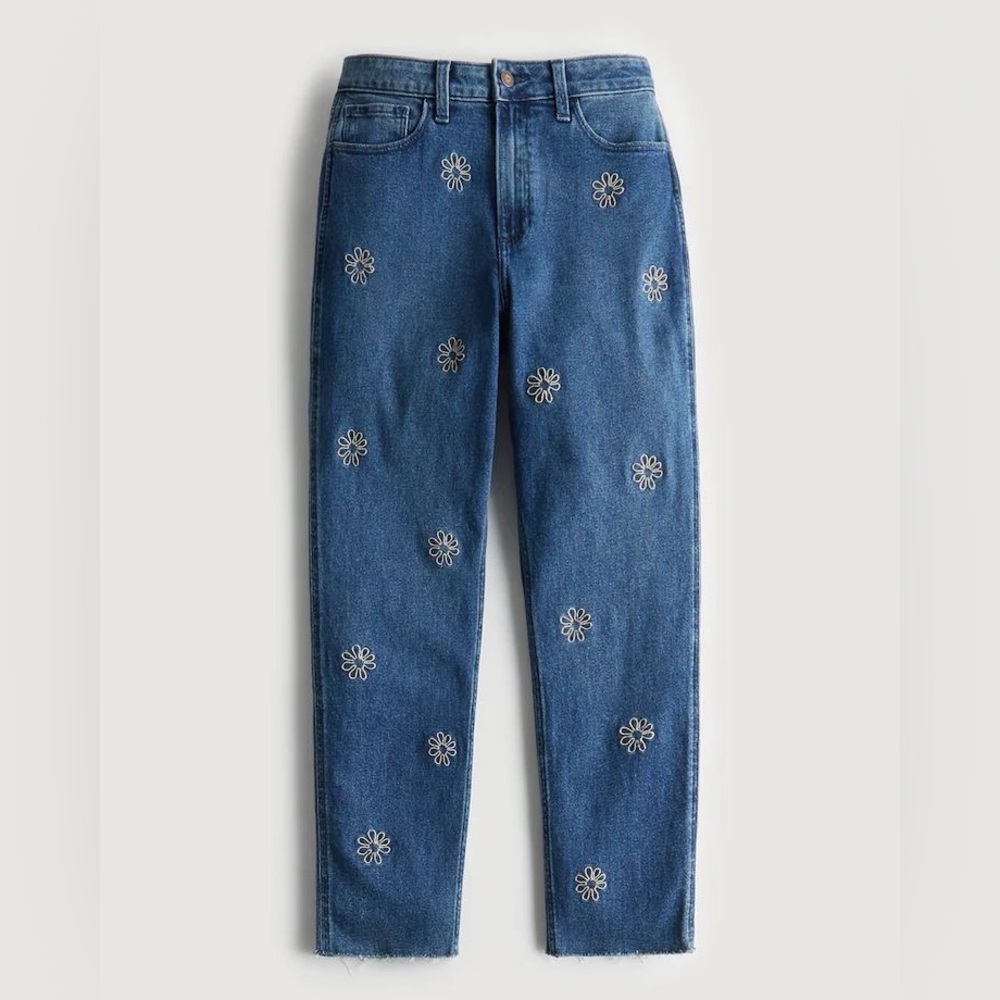 Hollister Curvy High Rise Mom Jean with Floral Embroidery Medium Wash